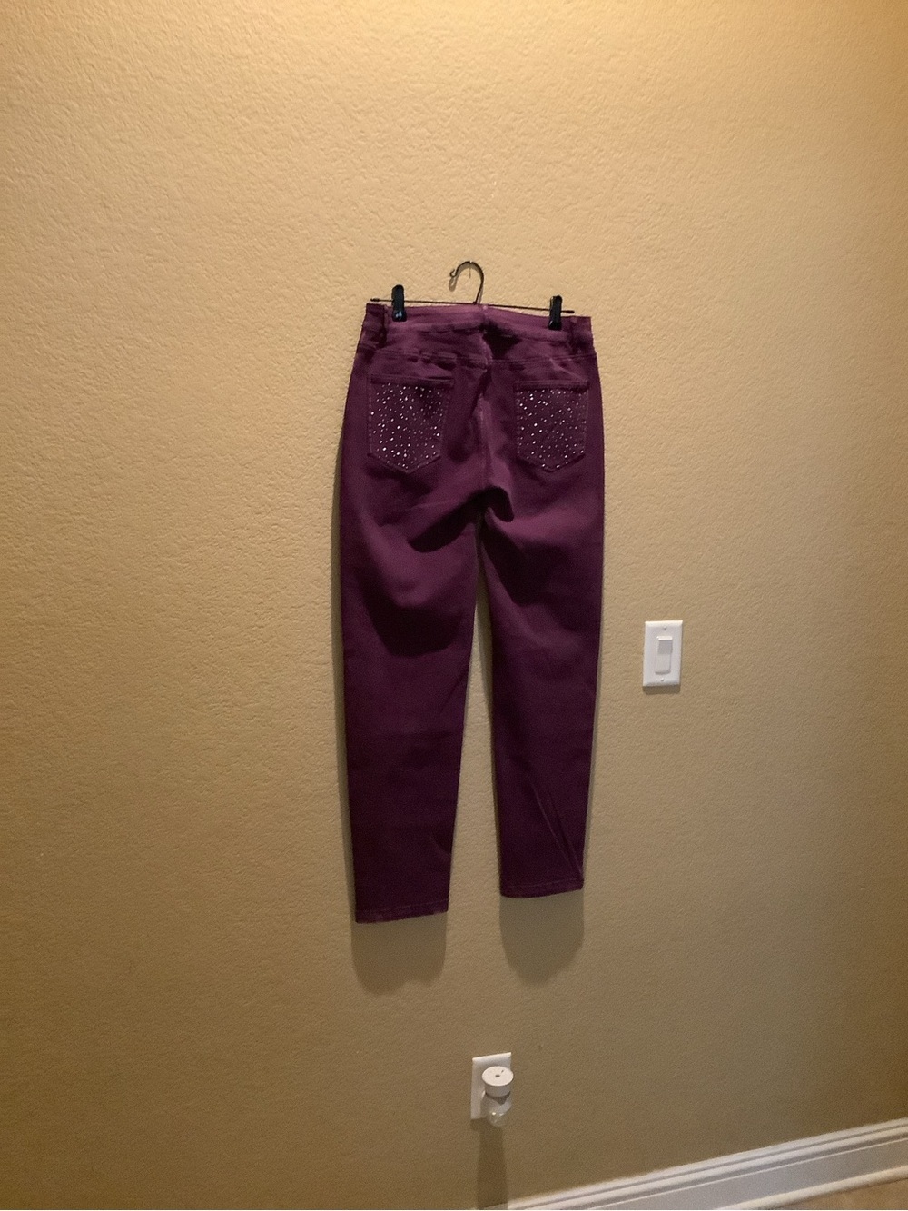 Flamingo Slim Rhinestone-Accent Women's Jeans in Plum - Picture 3 of 4